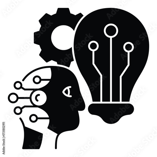 AI Brainstorming and Intelligent Idea Generation with Circuit Head and Gear Mechanism Glyph Vector. Perfect for illustrating creativity, problem-solving, and intellectual property in the age of AI.