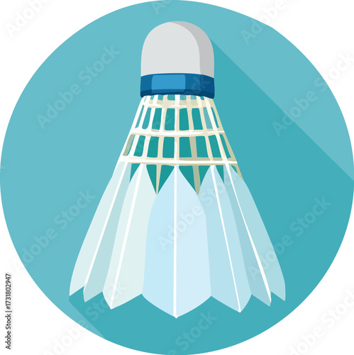 A simple, modern icon of a badminton shuttlecock in a blue circle. A vector symbol for sports, games, and leisure activities. Generative AI