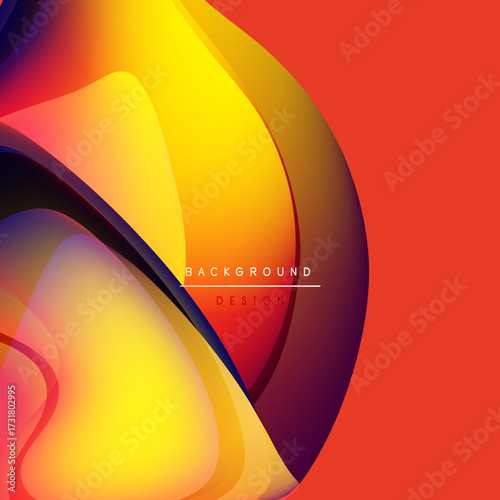 Abstract fluid shapes, vibrant colors blend. Orange, yellow, purple create dynamic composition. Modern design element.