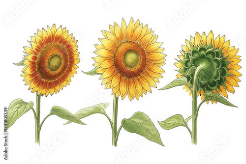 Vector art of three vibrant sunflowers, each showcasing a different perspective, the first faces left, the second is centered, and the third reveals its back