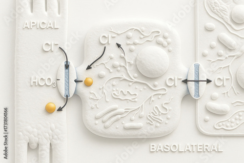 Biological illustration showing ion transport between epithelial cells, including chloride and bicarbonate ions.