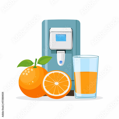 Flat vector of a citrus juicer with a glass of orange juice beside it. Clean, pastel design perfect for food illustrations, kitchen themes, or healthy lifestyle concepts, summer time