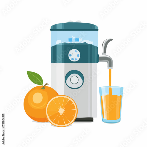 Flat vector of a citrus juicer with a glass of orange juice beside it. Clean, pastel design perfect for food illustrations, kitchen themes, or healthy lifestyle concepts, summer time