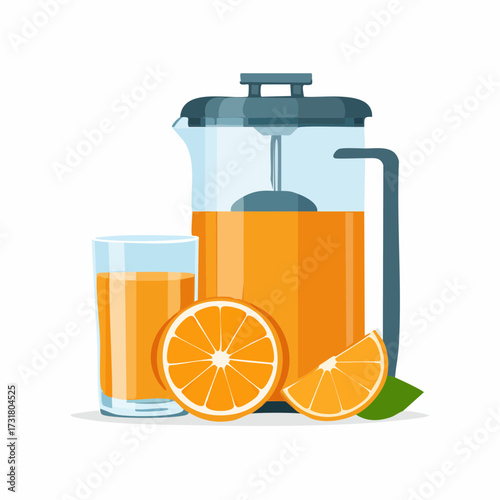 Flat vector of a citrus juicer with a glass of orange juice beside it. Clean, pastel design perfect for food illustrations, kitchen themes, or healthy lifestyle concepts, summer time