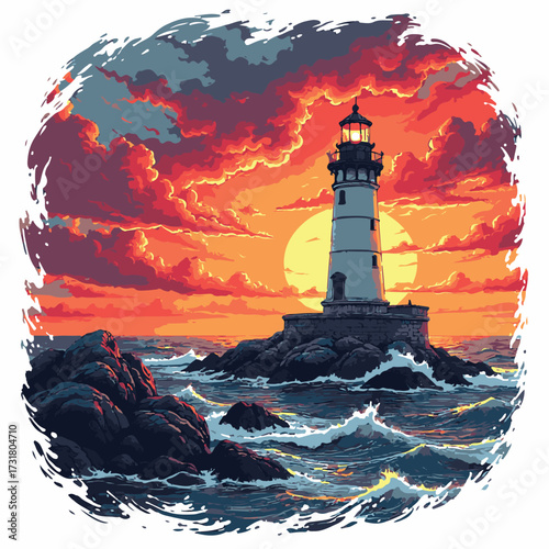 Beacon of Resilience: A lighthouse stands steadfast against the raging sea, its light piercing through the dramatic, pixelated sunset. Evoking the enduring spirit of guidance.