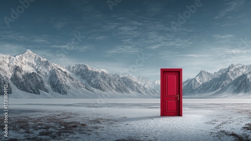 A red door standing in a snowy landscape with mountains in the far distance under a cloudy sky