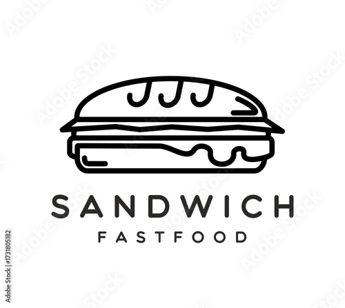 Sandwich icon of bun panini with meat and cheese for fast food menu, vector line symbol. Sandwich outline icon or cheeseburger and BBQ burger or hamburger snack for restaurant or food court bar menu