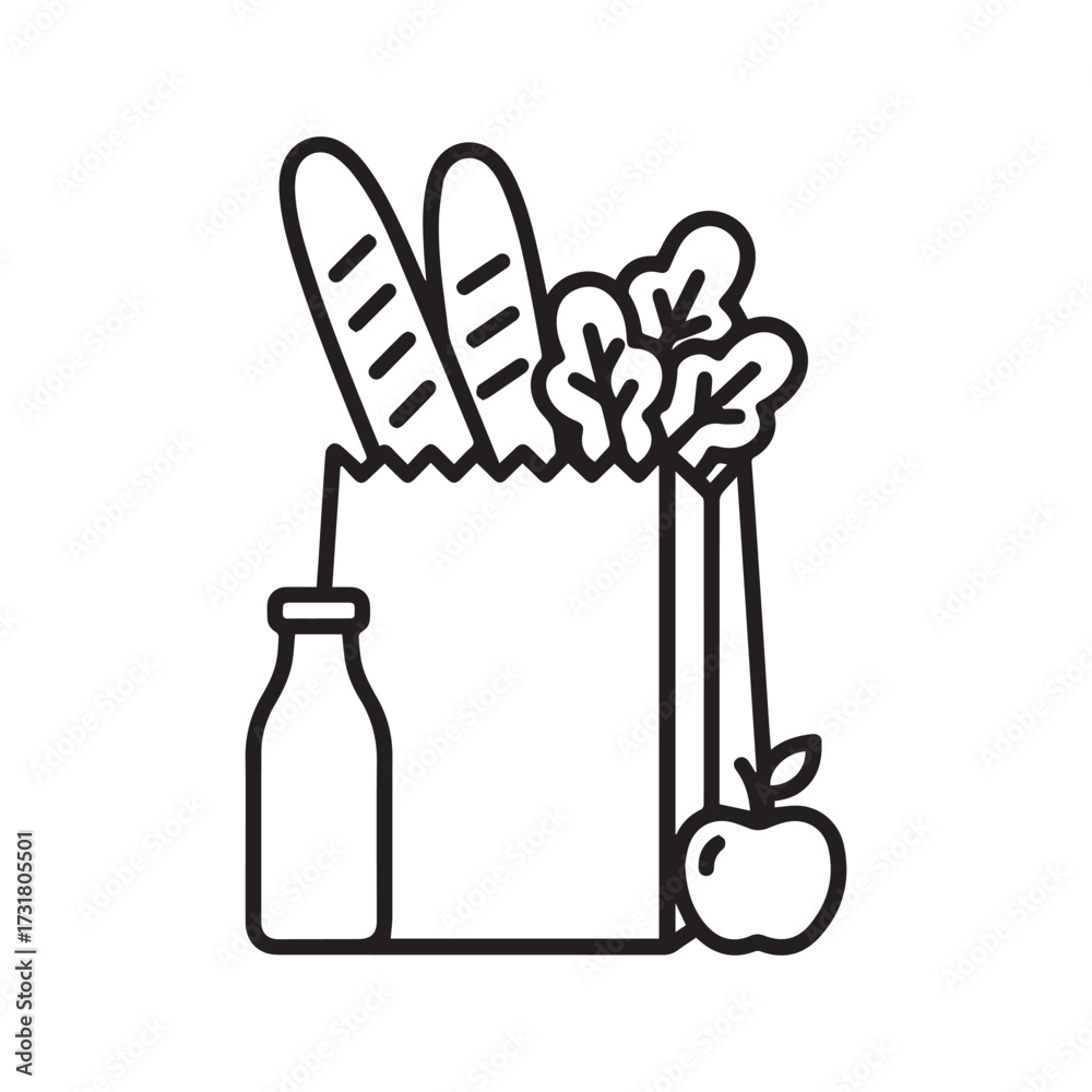 Obraz premium Groceries line icon. Paper bag with fresh food, bread, milk, and apple. Healthy eating and supermarket shopping vector symbol. 