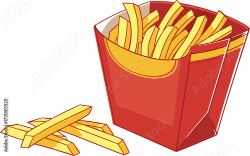 Red box of french fries with ketchup and mustard isolated on a white background, a classic fast food snack of fried potato sticks