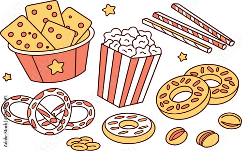 A vintage cartoon vector illustration set of fast food icons including burgers, sandwiches, coffee, desserts, and breakfast pastries