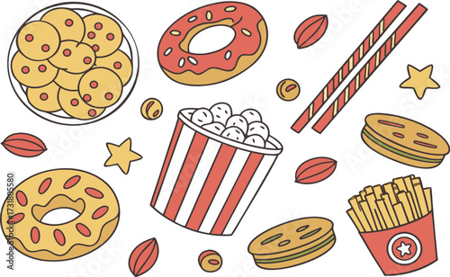 Vector illustration set of fast food icons and a seamless pattern featuring burgers, pizza, sandwiches, coffee, and desserts