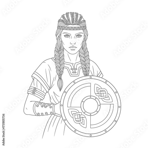 Valor and Defense Line Art Fearless Ancient Viking Shieldmaiden Adult Coloring Page