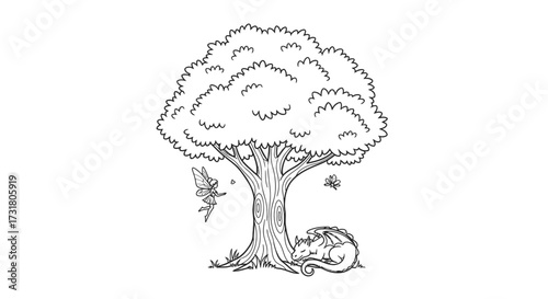 Floating Island with Waterfall and Magnificent Tree Adult Fantasy Coloring Art