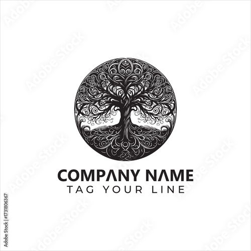 Ornate Circular Tree of Life Logo with Intricate Root and Branch Designs.