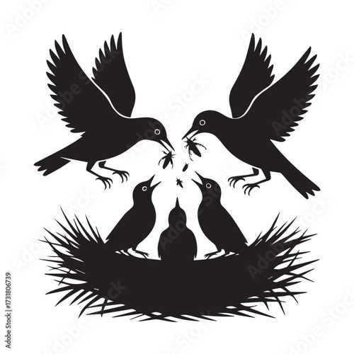 Vector art of silhouette of birds feeding chicks in nest, depicting family, care, and the nurturing bond between parents and offspring
