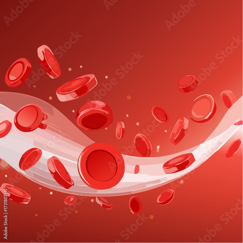 Red blood cells glow motion in dark capillary red background. Abstract hematology wave medical technology scene, Vector illustration.