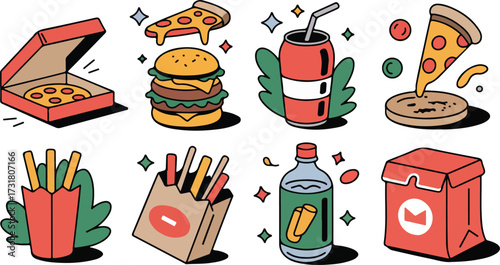 Fast food icons illustration with pizza burger soda fries ketchup and packaging