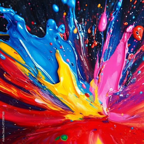 Vibrant explosion of colorful paint splashing outwards in a dynamic burst