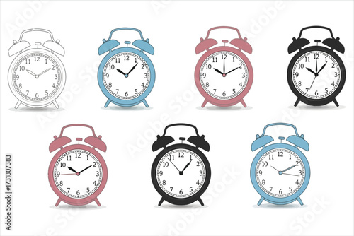 Vector art of collection of alarm clocks, each displaying a different time, showcasing the variety and style of timekeeping devices in various colors and designs