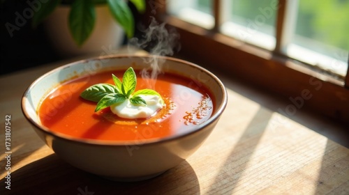 Aromatic bowl of vibrant tomato soup garnished with fresh basil and a dollop of creamy topping, steaming gently in sunlit kitchen
