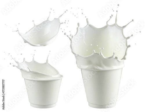 Milk splashes from white cups