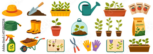 Set of colorful gardening tools, plants, and accessories including watering can, gloves, boots, and seed packets, perfect for garden projects and plant care designs