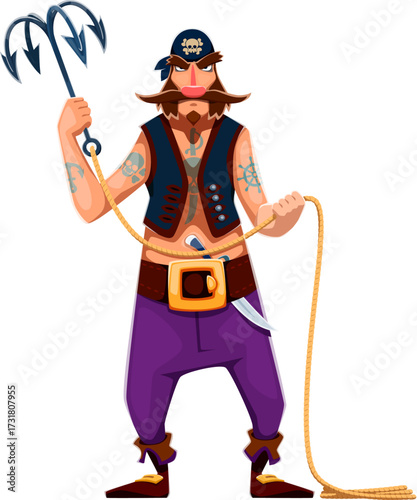 Cartoon pirate and corsair ship crew character brandishes grappling hook, ready for adventure on the high seas. Isolated vector sailor with a beard and tattoo, swashbuckling, buccaneer in bandana