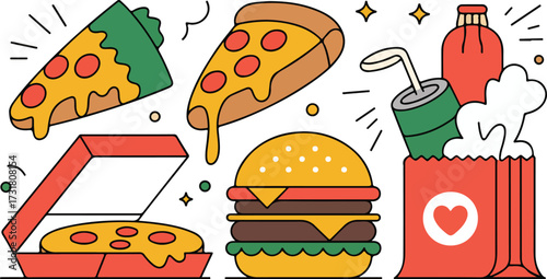 Food and Drink Illustration with Pizza Burger and Beverages