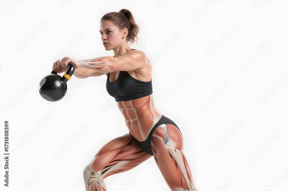 Fototapeta premium Female anatomy illustration showing active muscles during kettlebell swing exercise highlighting lower body and core engagement on white background