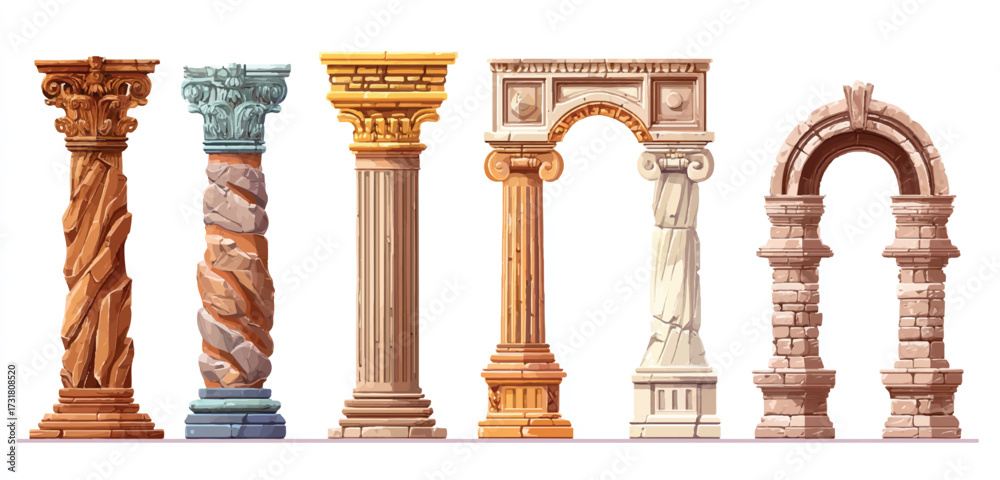 Fototapeta premium Ancient Architectural Columns and Arches Vector Illustration Featuring Ornate Stone Structures and Classical Design Elements