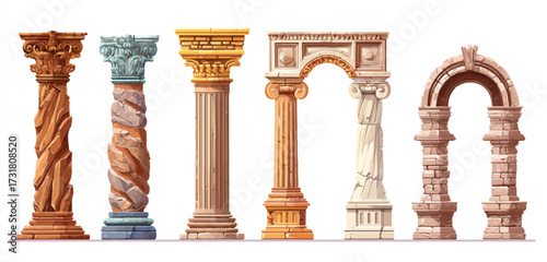 Ancient Architectural Columns and Arches Vector Illustration Featuring Ornate Stone Structures and Classical Design Elements