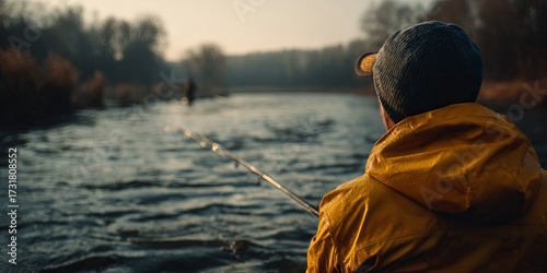 Man fishing in a river at dawn