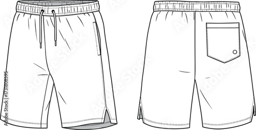 Technical fashion flat drawing of casual shorts, front and back view, elastic waistband with drawstring, side pockets, back flap pocket, apparel design illustration, garment template