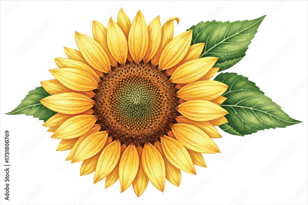 Naklejka premium Vector art of watercolor sunflower hand drawn floral illustration of yellow flower with green leaves botanical element for design, print, card, invitation
