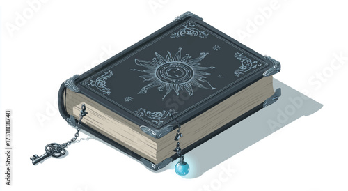 Ancient spell book with a sun symbol key and magic light fantasy illustration