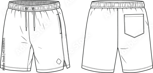 Technical shorts front and back view, fashion flat sketch, elastic waistband with drawstring, patch pocket design, apparel technical drawing, clothing template, garment specification illustration