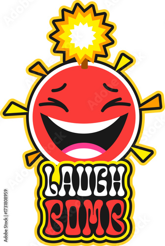 Laugh bomb and grenade retro Y2K sticker or symbol. Funny bomb Y2K patch, grenade vintage groovy vector label. Laughing red explosive character with burning wick isolated tag or funky sticker
