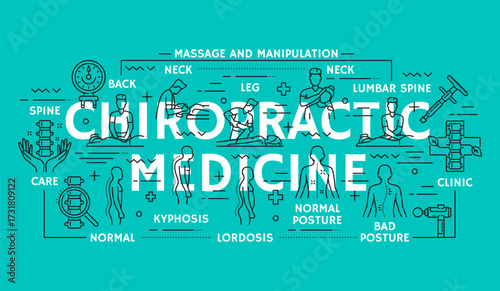 Chiropractic medicine banner with vector line icons of physiotherapy and orthopedic rehabilitation. Chiropractic and osteopathy medical treatment of body and spine bad posture or lordosis and kyphosis