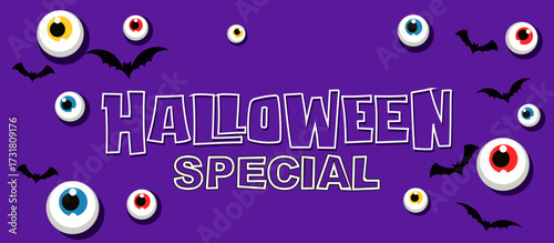  Halloween Special spooky eyeballs with red and yellow pupils, and flying bats on deep purple background