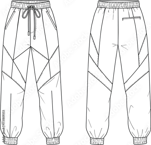 Technical fashion sketch jogger pants, front and back view, modern sportswear design, drawstring waistband, seam line details, elastic cuffs, apparel illustration, garment construction