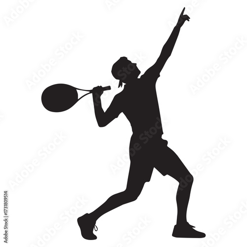 Silhouette of a tennis player serving the ball with racket raised, isolated on white background