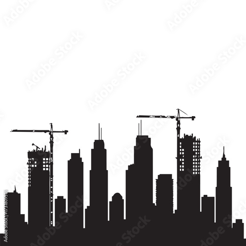 Silhouette of a city skyline under construction with cranes and workers, isolated on white background.