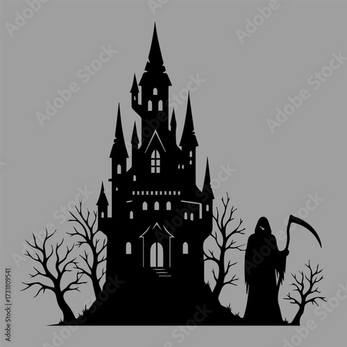 Silhouette of a haunted gothic castle with bare trees and grim reaper holding a scythe, isolated on white background