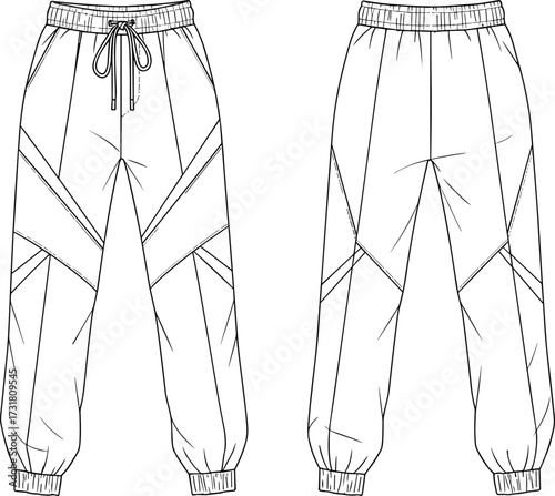 Jogger pants technical fashion illustration, front and back view, elastic waistband drawstring, ankle cuffs, seam line details, garment construction blueprint, apparel design sketch