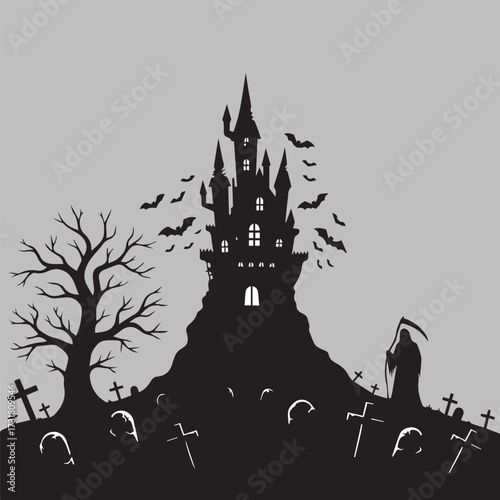 halloween background with castle, Silhouette of a haunted gothic castle with bare trees and grim reaper holding a scythe, isolated on white background