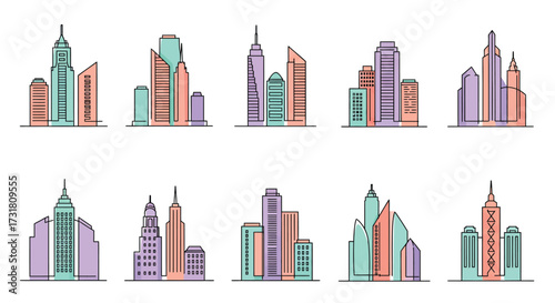 Colorful illustrations of modern city skylines and architectural structures