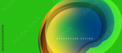 Abstract vibrant layers create flowing shapes. Green background contrasts with colorful circular design elements. Modern aesthetic.