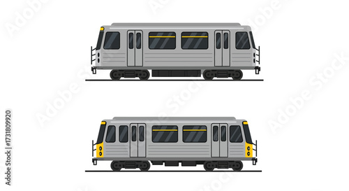 Detailed illustration of a gray subway train car on railway tracks