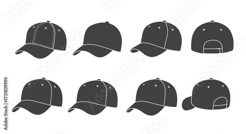 Collection of various black baseball caps in different styles and angles