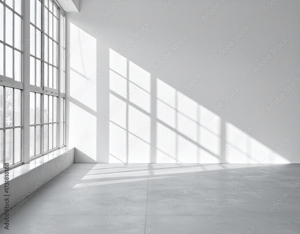 Obraz premium Sun-drenched tropical monstera leaf casting delicate shadows on a clean white wall, creating a serene and minimalist natural background